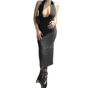 Vintage Carole Little Plunge Halter Sexy Ribbed Knit Sweater Midi Dress S/M